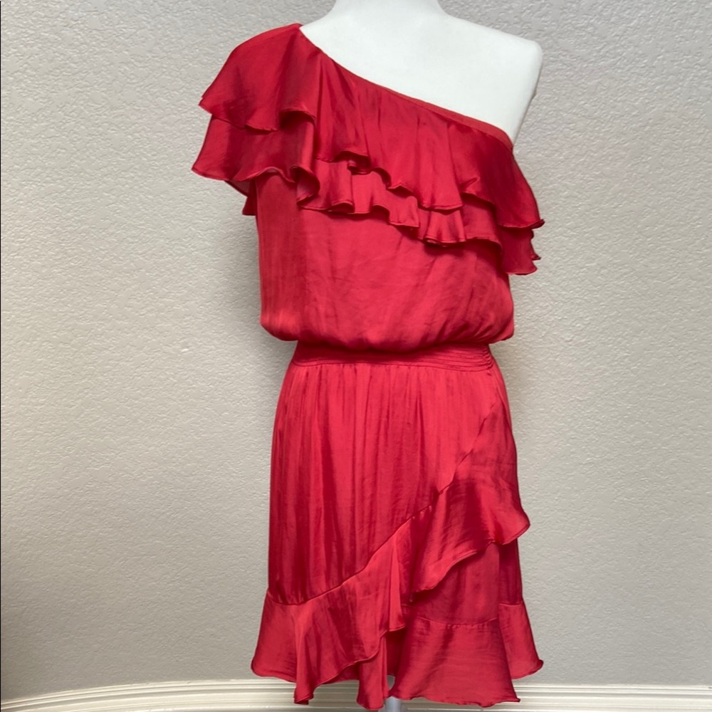 White House Black Market Red One-shoulder Ruffled Dress, size 4. Striking Color!